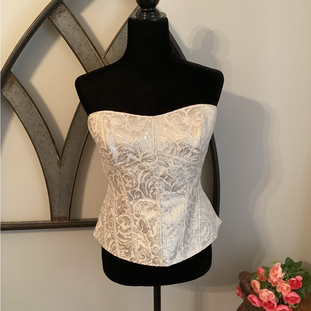 WHT HSE BLK MKT Crème Lurex and Satin Brocade Corset Top